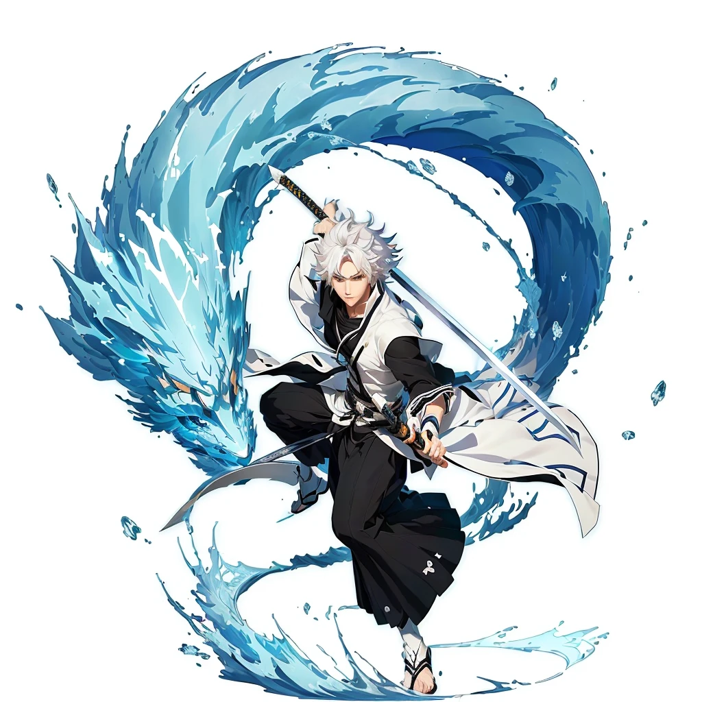 A closeup of a person with a sword in a circle, anime white fox, bleach sleeve style, kirokaze pixel art, Nagito komaeda, Official Art, digital animated art!!, advanced digital animated art ”, ninja with water wave katana, anime key art, white hair deity, trigger anime art style, Official character art