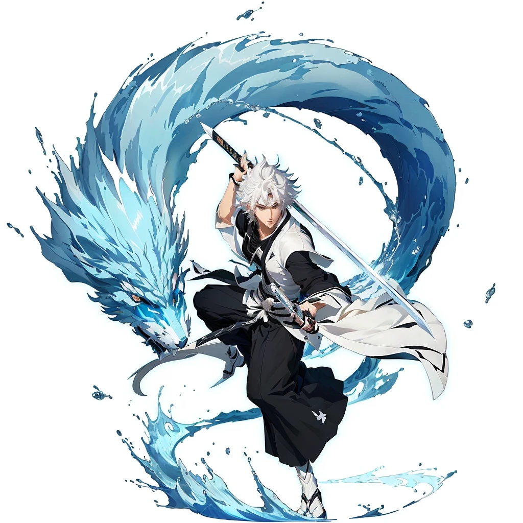 A closeup of a person with a sword in a circle, anime white fox, bleach sleeve style, kirokaze pixel art, Nagito komaeda, Official Art, digital animated art!!, advanced digital animated art ”, ninja with water wave katana, anime key art, white hair deity, trigger anime art style, Official character art