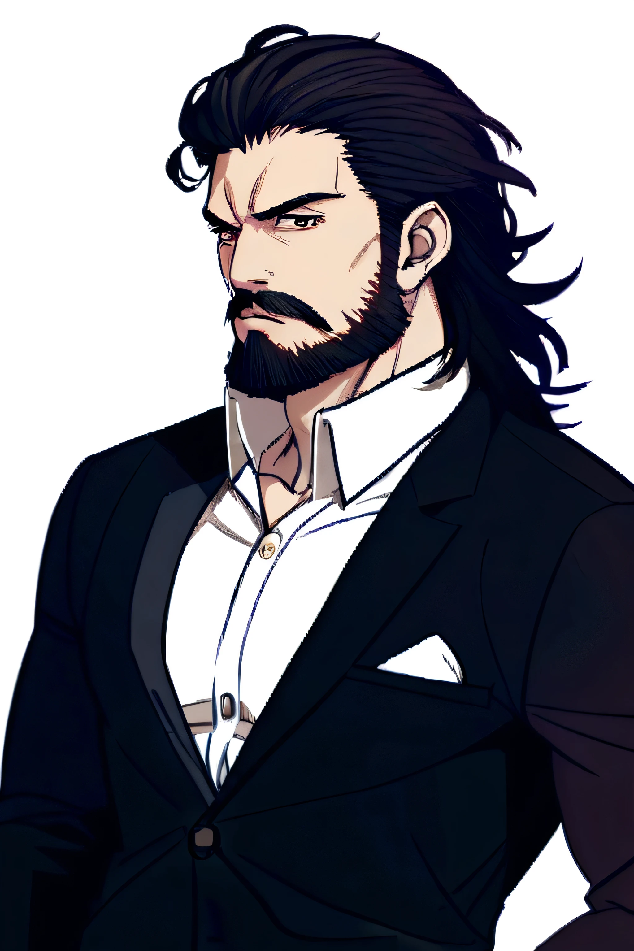 Muscular man in his mid 30s, having a messy wavy black medium hair, white skin, bearded, mustache