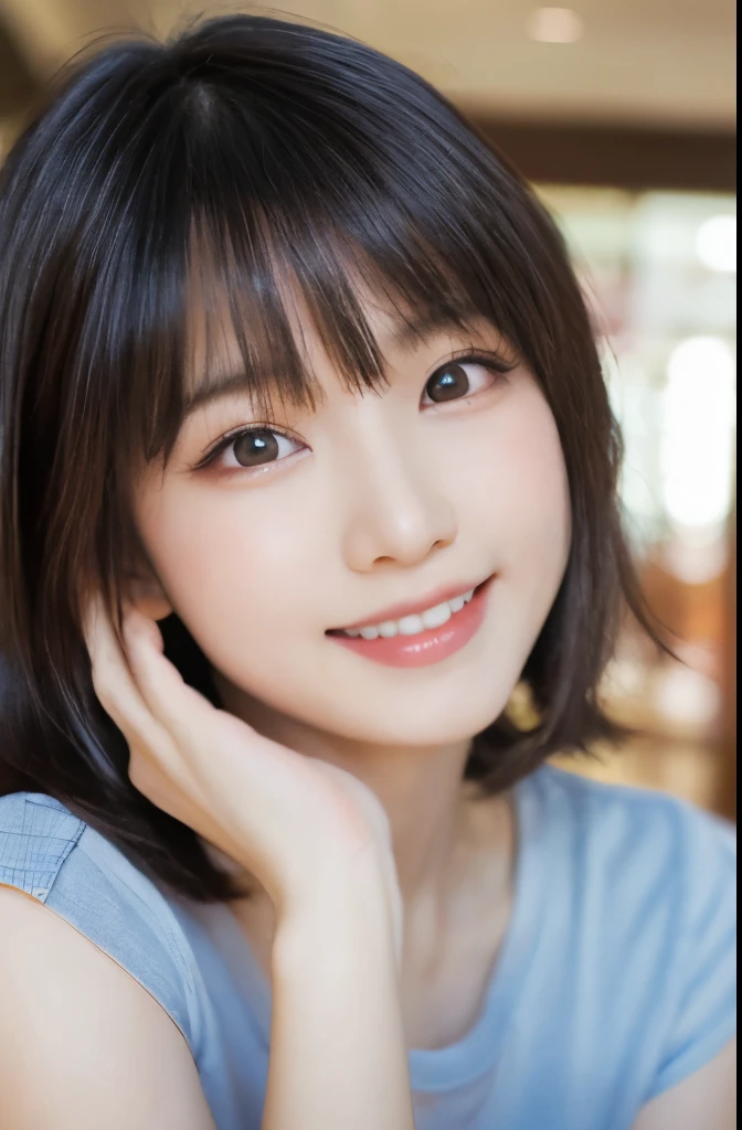 (masterpiece:1.2,Highest quality),Blur the background,1 female college student,((Cute casual clothes)),((Gravure pose)),Wavy Hair,((Beautiful Eyes)),Blushed Cheeks,Healthy Skin,(smile),(Shinjuku Date),8K resolution