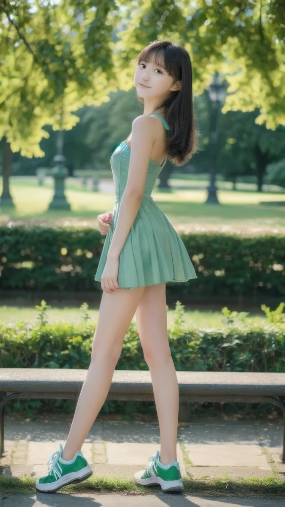 ((best quality)), ((masterpiece)), (detailed), 1girl, 18 year old, ((whole body)), from front, on a bench in a city park, various poses