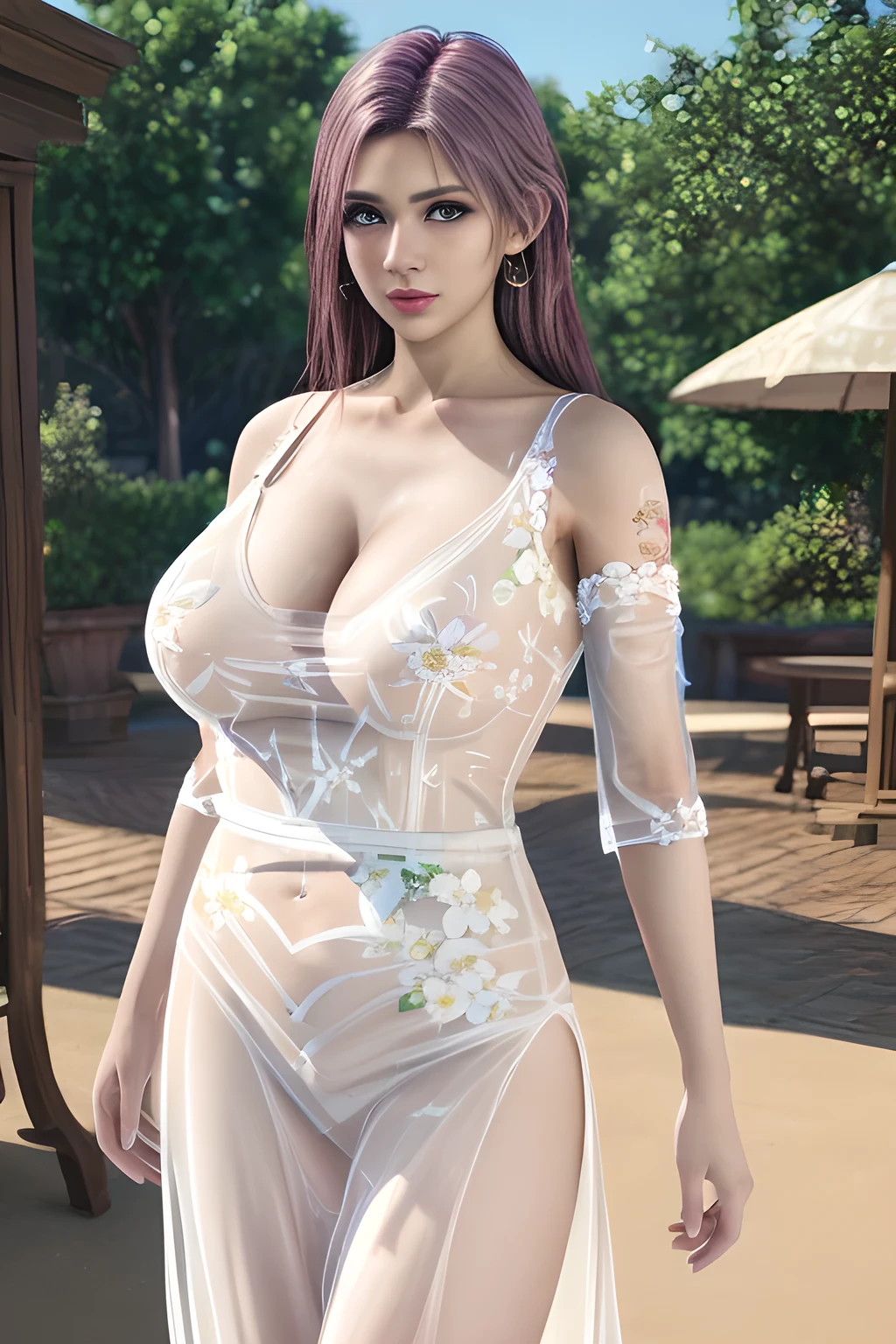 1 girl,Wearing an elegant (white transparent dress with white floral pattern: 1.3). The dress has a V-neck design and is sleeveless with straps passing over the shoulders. The dress has a high slit on the side, adding to its stylish look. The background suggests an outdoor setting with lots of greenery and modern architectural elements, the outdoor part of a chic modern place. The sun shines through the leaves, casting a soft glow on the scene,,open lips,charming smile,((huge breasts), shiny skin,Detailed hair,(tattooed:1.2),((8k, RAW photos, top quality, masterpieces)), high-definition RAW color photos professional photos, (realistic, photorealism: 1.37), (highest quality), (best shadows), ( ultra high resolution, high-definition CG unified 8K wallpapers, physically based rendering, movie lighting),elise