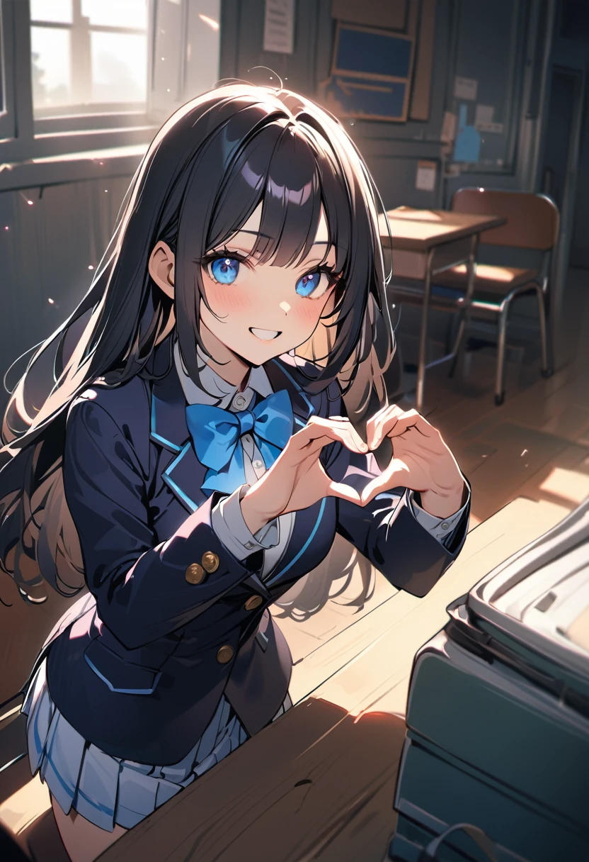 1 girl, long hair, black hair, straight hair, short bangs above brows, blue eyes, happy, heart hands,
BREAK (masterpiece), (high resolution 8K), cinematic lighting, professional lighting, detailed eyes and face, detailed body,
BREAK blazer, blue bowtie, pleated skirt,
BREAK indoors, classroom,