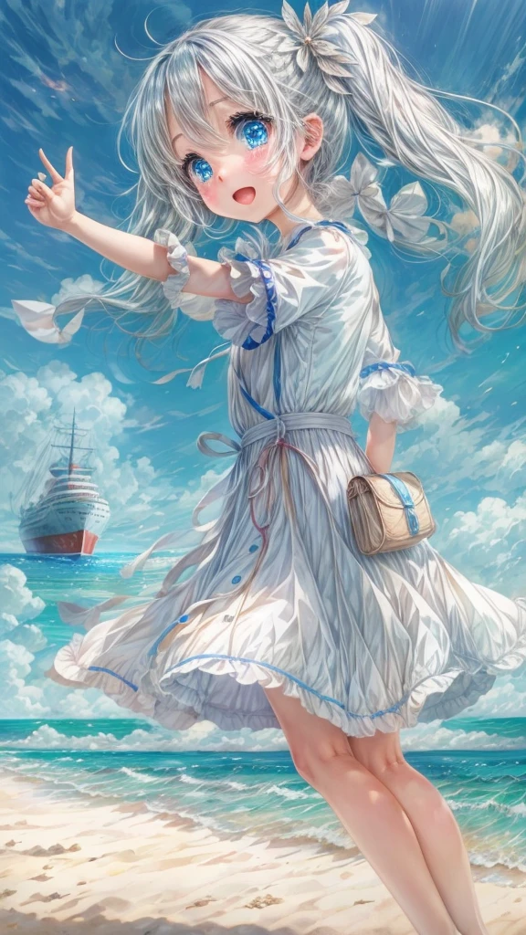 a cute girl with silver twin tails on a deserted beach, waving to a passing ship, blue eyes, white clouds, blue sky