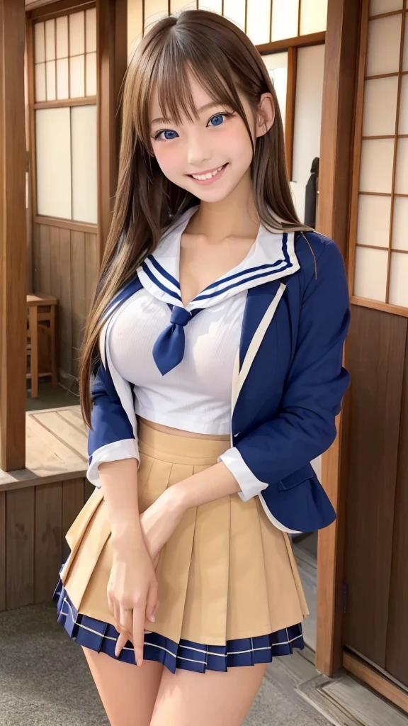 One Girl,Crowded, Long Hair, Brown Hair, Sexy, A line of girls, Girls standing in a row, Girls only, Sisters, ((uniform。blazer、mini skirt))，Full body photo:1.9， Adorable， smile， Slim face, The body is slim， Short Brown Hair， 32k, masterpiece， Best image quality，Ultra-high resolution，Perfect hands，high school girl、Japanese women、blue eyes、bangs、Very profuse and very long eyelashes, 、Big Breasts、Beautiful girl in sailor suit、Big Breasts、Huge breasts、blue sky、Your hands should hang down at your sides、Stand up straight