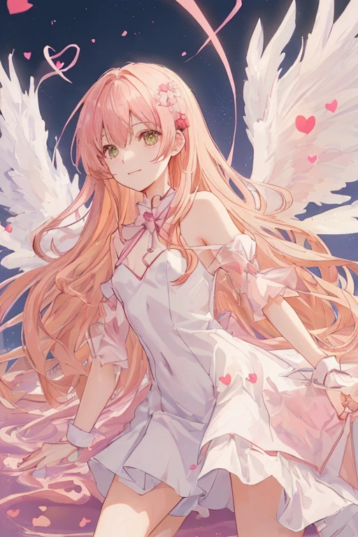 1_girl, (anime, kawai:2), (masterpeice, best_quality, simple, cute, dreamy, vibrant, clean:1.5), (cute, cute_smile, young:1.8), (delicate, beautiful, thin:1.5), (girlfriend, angel:1.6), (green_eyes, simple_eyes:1.5) (long_hair, blond_hair, wearing_pink_dress, pink_angel_wings, sexy_gloves:1.8), extremely_delicate, (love_magic:1.5), (age_size_fits_body), (small_thighs:1.3), (breasts), (eye_level:1.3), (heart_magic, love:1.5),