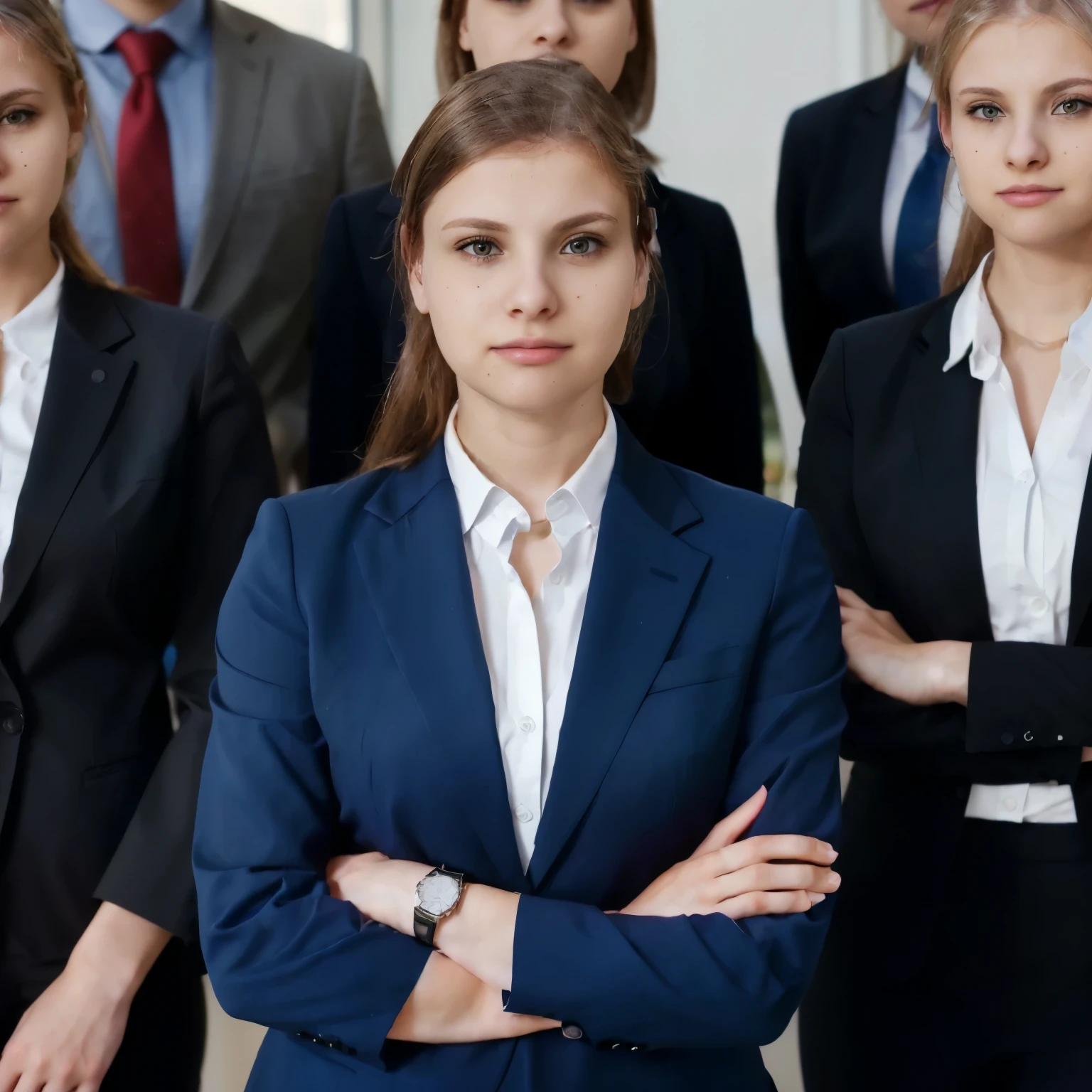there are many people standing together in a line with their arms crossed, woman in business suit, female lawyer, corporate photo, girl in suit, aleksandra waliszewska, girl in a suit, professional image, professional corporate portrait, professional profile picture, corporate portait, detailed professional photo, young business woman, business woman, corporate portrait