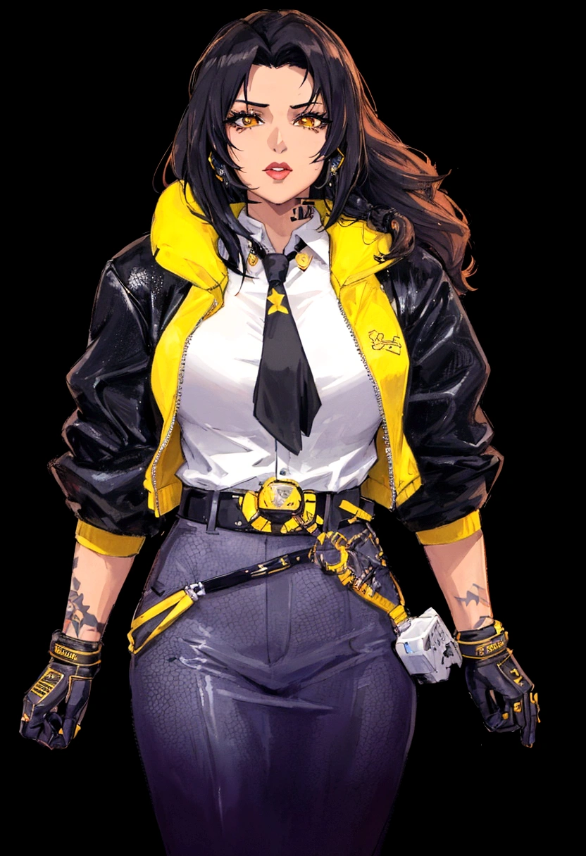 a close-up of a woman in a yellow jacket and black tie, faye san valentin, kate obispo, Judy Alvarez Cyberpunk, wearing cyberpunk jacket 2 0 7 7, Portrait of Tifa Lockhart, faye san valentin from cowboy bebop, Loba Andrade de Apex Legends, Brigitte de Overwatch, Portrait of Tifa Lockhart, jet black haired cyberpunk girl, cyberpunk femme fatale