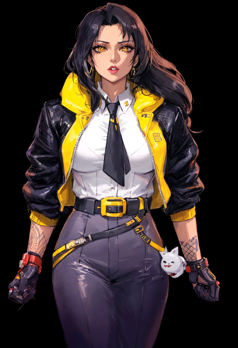 a close-up of a woman in a yellow jacket and black tie, faye san valentin, kate obispo, Judy Alvarez Cyberpunk, wearing cyberpunk jacket 2 0 7 7, Portrait of Tifa Lockhart, faye san valentin from cowboy bebop, Loba Andrade de Apex Legends, Brigitte de Overwatch, Portrait of Tifa Lockhart, jet black haired cyberpunk girl, cyberpunk femme fatale