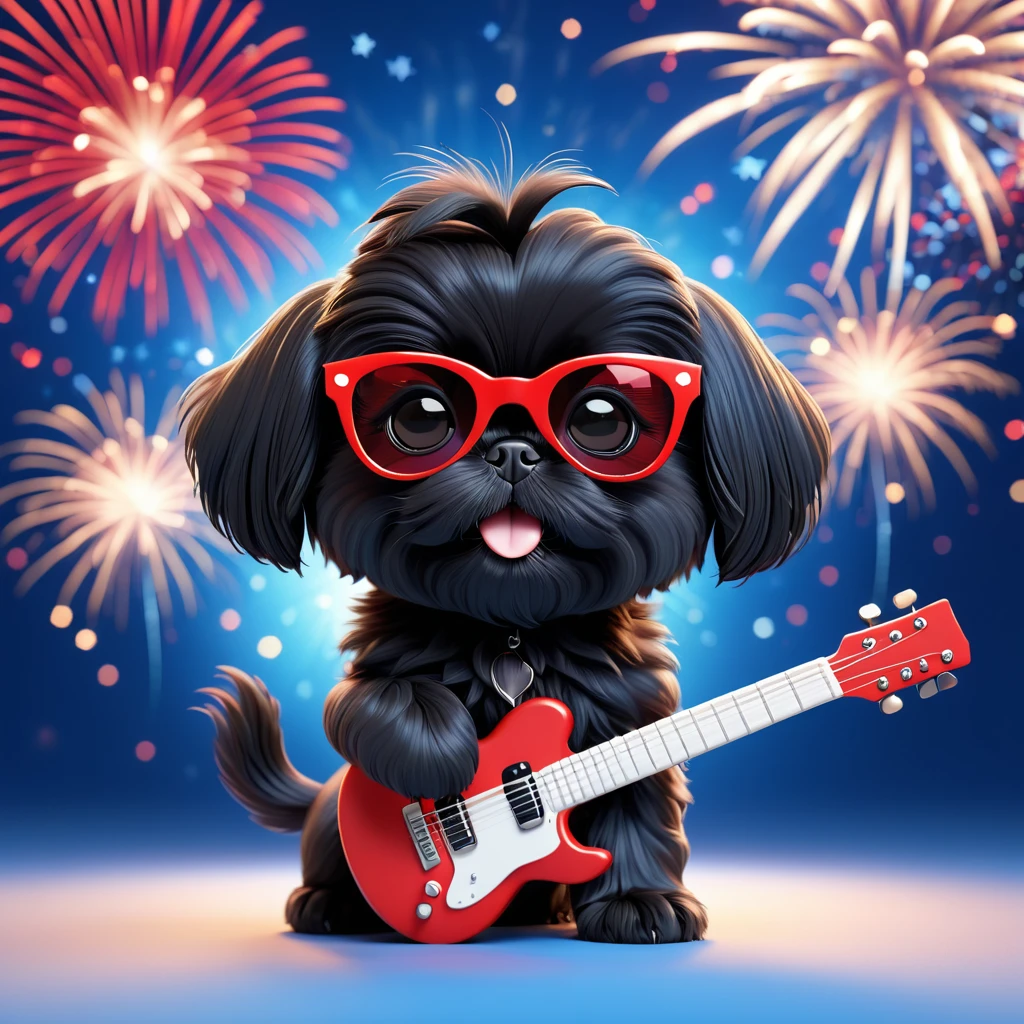 Adorable small black Shih Tzu puppy wearing red sunglasses red, playing guitar white and blue firework background 3d cartoon, 3d render, disney pixar style