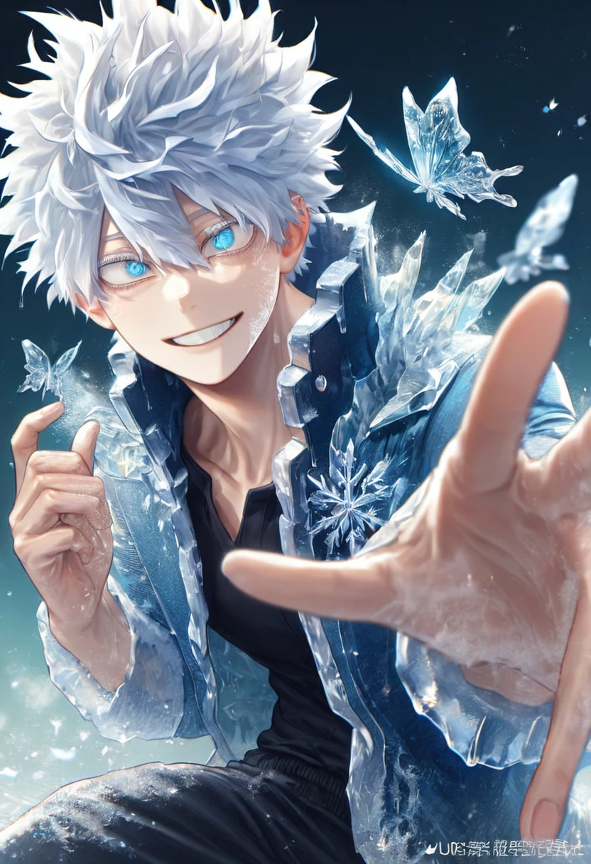 absurdres, highres, ultra detailed, HDR, master piece, best quality, extremely detailed face, delicated features, Gojou Satoru, white hair, messy hair, hair between the eyes, expressive blue eyes, white eyelashes, Boku No Hero Academia, sexy man, solo, handsome, smiling, blue jacket with fur, black shirt, black pants, fantasy, magical, ice, ice butterflies, snowflakes, starry night, ice style