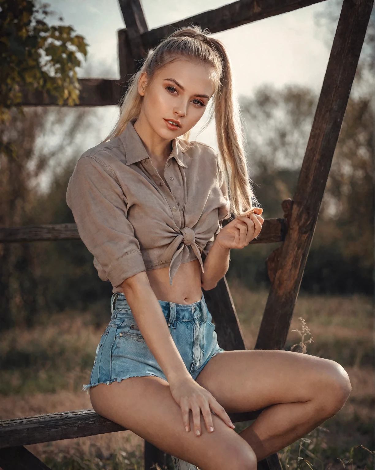 arafed woman sitting on a bench in a field with a long ponytail, Anna Nikonova aka Newmilky, pose casual, olga buzova, Instagram Template, Aleksandra Waliszewska, attractive pose, beautiful model, sexy girl with shorts, modeling photography, beautiful model girl, Yelena Belova, 2 4 year old female model