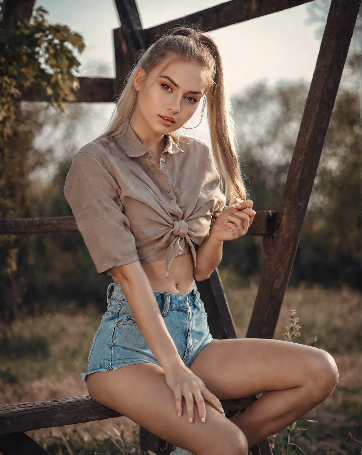 arafed woman sitting on a bench in a field with a long ponytail, Anna Nikonova aka Newmilky, pose casual, olga buzova, Instagram Template, Aleksandra Waliszewska, attractive pose, beautiful model, sexy girl with shorts, modeling photography, beautiful model girl, Yelena Belova, 2 4 year old female model