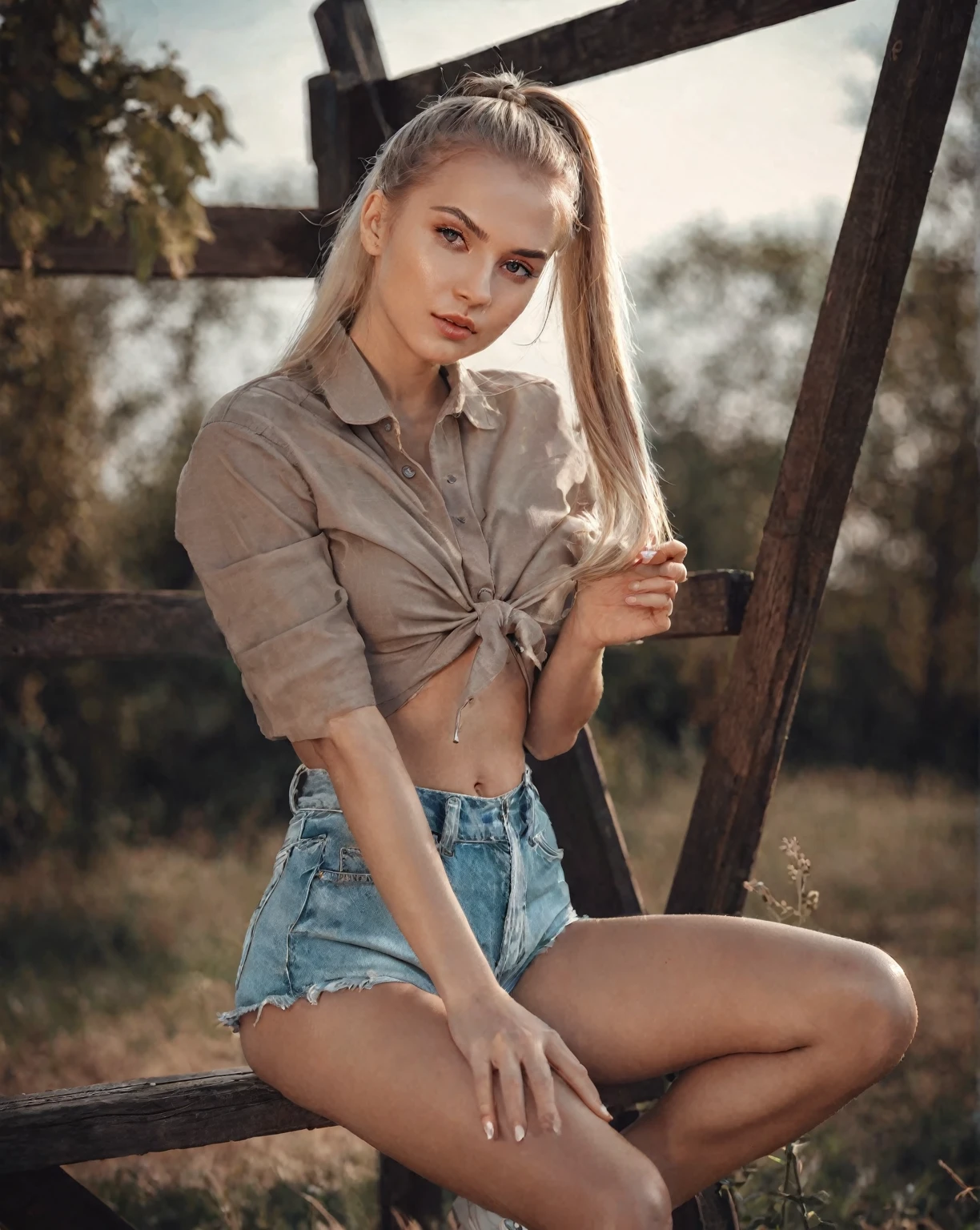 arafed woman sitting on a bench in a field with a long ponytail, Anna Nikonova aka Newmilky, pose casual, olga buzova, Instagram Template, Aleksandra Waliszewska, attractive pose, beautiful model, sexy girl with shorts, modeling photography, beautiful model girl, Yelena Belova, 2 4 year old female model