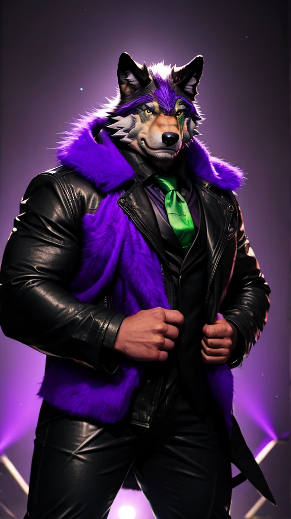 Big buff male anthropomorphic wolf , black leather jacket, black leather pants, purple fedora, green right eye, purple left eye, purple bowtie.