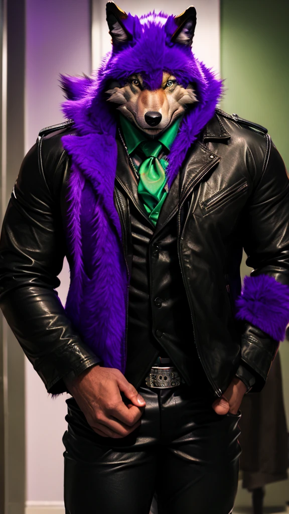 Big buff male anthropomorphic wolf , black leather jacket, black leather pants, purple fedora, green right eye, purple left eye, purple bowtie.