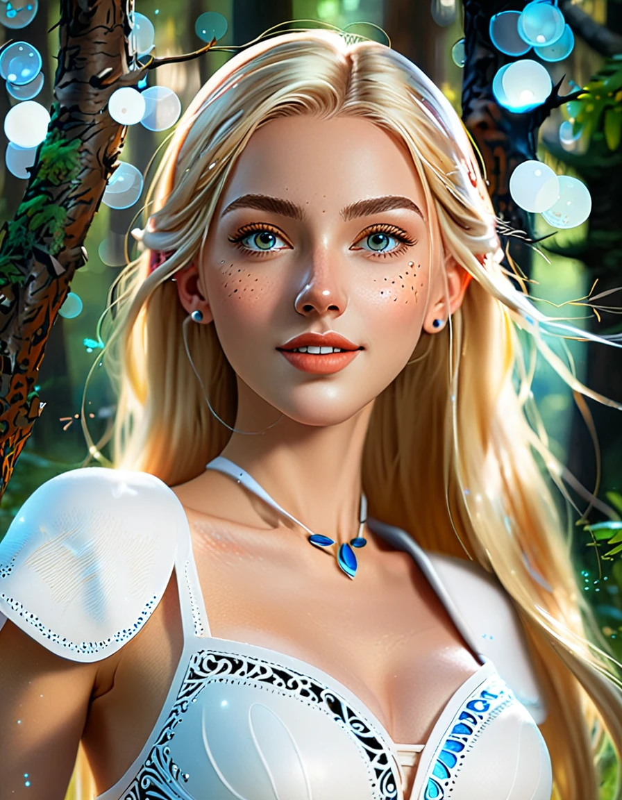 Unity 8K wallpaper, Extremely detailed, (Soft colors:1.3), The background is a black fantasy deep forest, beautiful and aesthetic, 1 girl，Delicate facial features, long blond hair blowing in the wind, Sparse eyebrows, Sharp blue eyes, a smile on her lips, Medium sized breasts, Wearing a white dress, The spotlight is only on the characters, body shoot, hands, Detailed face，Detailed eyes，Detailed mouth，Detailed nose，