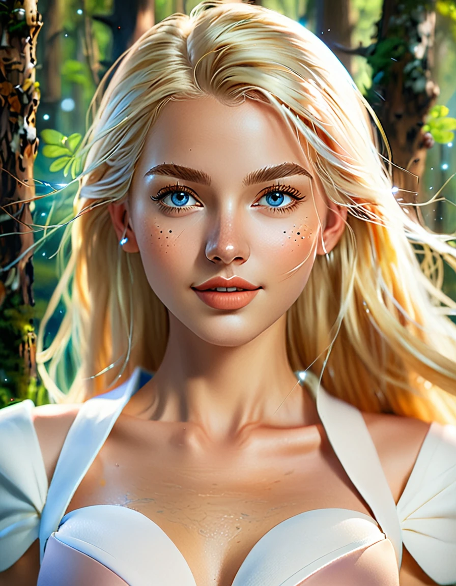 Unity 8K wallpaper, Extremely detailed, (Soft colors:1.3), The background is a black fantasy deep forest, beautiful and aesthetic, 1 girl,Delicate facial features, long blond hair blowing in the wind, Sparse eyebrows, Sharp blue eyes, a smile on her lips, Medium sized breasts, Wearing a white dress, The spotlight is only on the characters, body shoot, hands, Detailed face,Detailed eyes,Detailed mouth,Detailed nose,