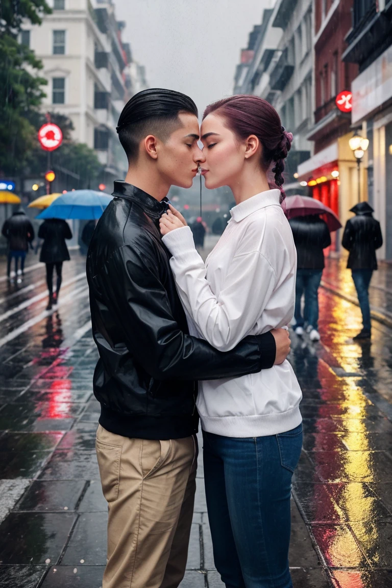 > Create an image of boy and girl in their early twenties, kissing under a colorful umbrella on a rainy street. They're dressed in casual clothes and their hair is slicked back by the rain. The atmosphere is full of joy and romance.