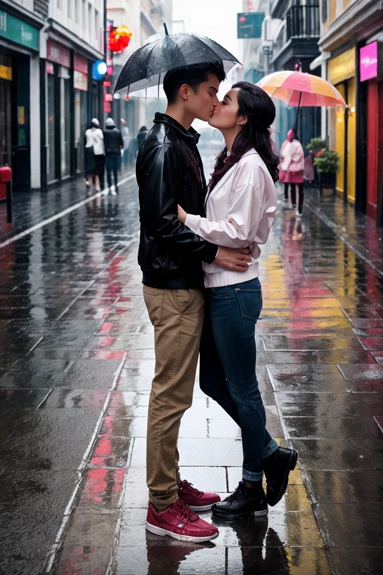 > Create an image of boy and girl in their early twenties, kissing under a colorful umbrella on a rainy street. They're dressed in casual clothes and their hair is slicked back by the rain. The atmosphere is full of joy and romance.