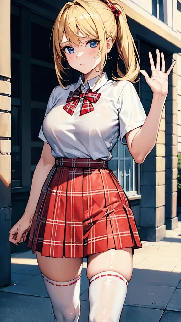 1girl,masterpiece,best quality,blonde hair,((ponytails)),blue eyes,(white stockings),(red plaid skirt),short skirt,standing,in full length,medium breasts,white t shirt,in front of streets,extremely detailed,[[realistic]],beautiful alluring anime teen,seductive anime girl,waving skirt,perfect body,slim body,slim legs