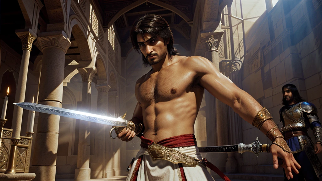  image of a man with a sword in a castle, handsome prince of Persia, arabian, remaster, fighting game character, prince of persia the sands of time, arabian samurai, digitally remastered, sultan, soul calibur, arabian nights, arabian sword, Arabian prince 