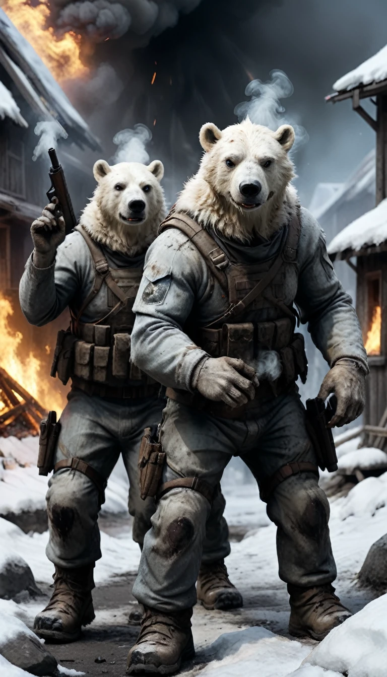 A fully armed army of winter humanoid polar bear soldiers, Dilapidated, Raid a village in the dark, fire, smokes, explode, Tracer, Lenses, Dead people, Body parts, 动作Lenses, In motion, 8K, Ultra HD, Digital SLR Camera, insane detailed, Award-winning photos, (Dark scenes), miscellaneous,Long-distance shooting