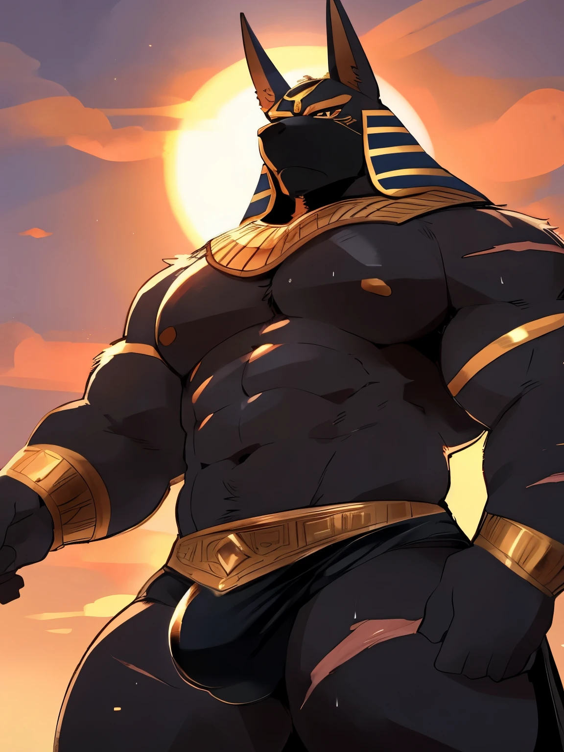 Muscular, male, furry, fluffy, Covered scars, bare chest, hot, (wet: 1.3), abs, wide body, egyptian jewelry, egyptian armor, Looking at viewers, thick beard , (bara pecs: 1.1), anthro jackal, anubis mask, black body, black furr chest, wide body, (big chest: 1.3) , thick thighs, wearing tights, (bulge: 1.1), barely visible genitals, detailed genitals outline , intimidating frown expression, gold nipples ring, dark dramatic lighting, sunset, low angle, dutch angle, by hyaku , by darkgem