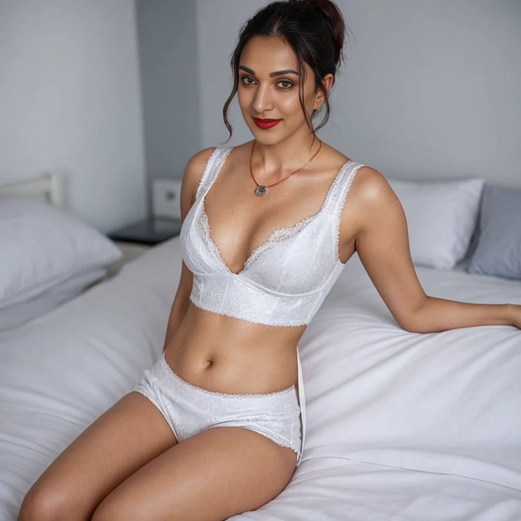 extreme close up photo of 25 years old kiaraas a doctor wearing stethoscope with white doctor scout jacket on blue lace lingerie in hospital, hourglass figure, swooping breasts, deep cleavage,navel,pierced belly button, erotic pose hold on bed with wide open spread legs, seductive eyes, sultry, look at viewer lusciously, subtle smile, red lips, ponytail, necklace, 4K, HD