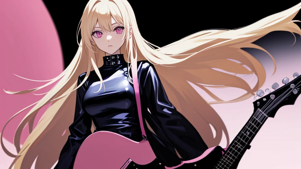 adult woman, pink eyes, long blonde hair, black leather, guitar