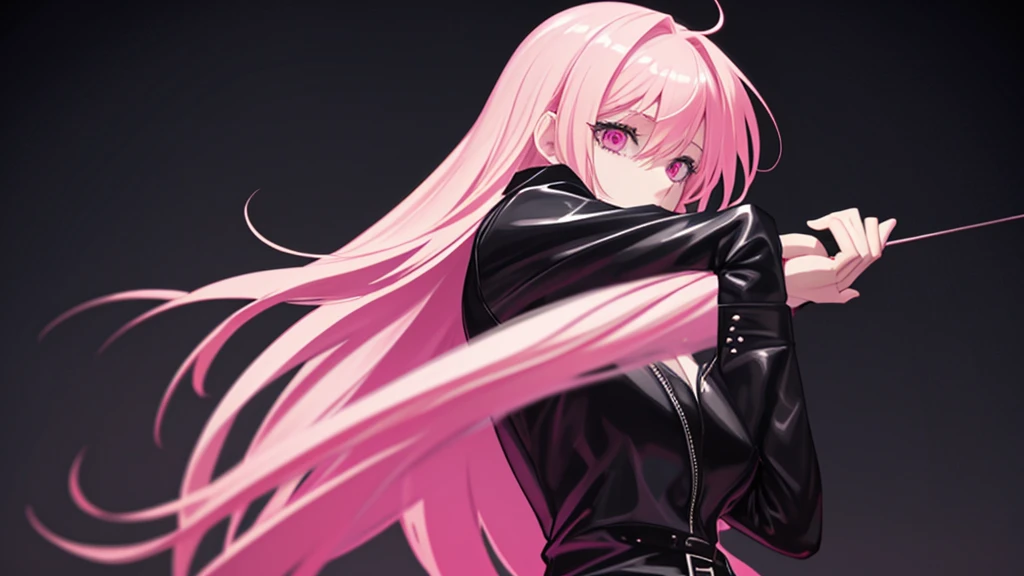 adult woman, pink eyes, long blonde hair, black leather, guitar
