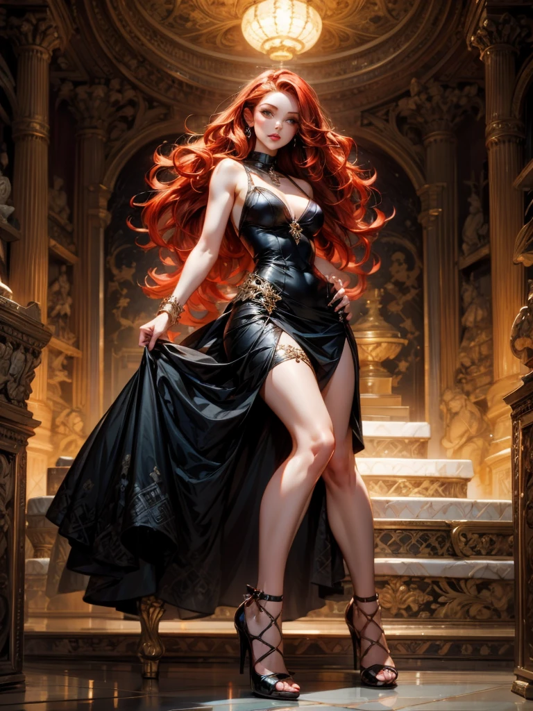 white-skinned woman with wavy red hair, wearing a bodycon black dress and high-heeled shoes. pin up style