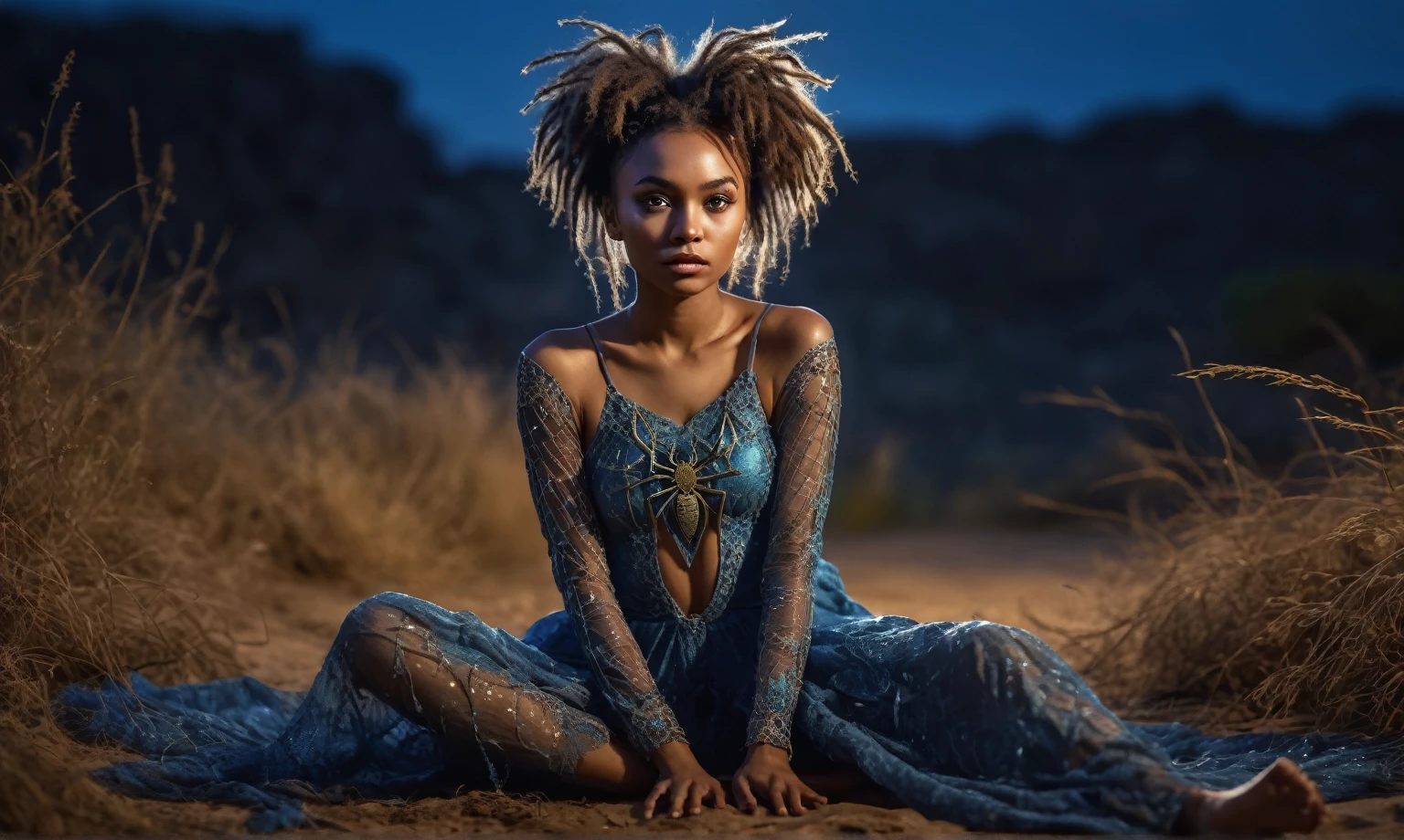 full body length,spidergirl of Manganite ,babygirl,native african,intricate details,realistic humid skin,extremely intricate,Epic Realistic, Romantic, cinematic style,irina yermolova, messy hair,luminous eyes,extremely detailed, [night landscape],masterpiece,intricate details,faded,eyes extremely detailed, high detailed eyes,4k resolution,RAW, Nikon Z9,photosnap in action