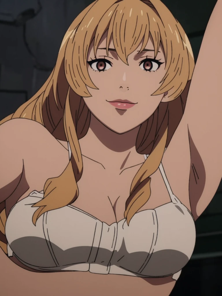 Best quality, masterpiece, ultra high res, 1girl, sexy, in the dark, deep shadow, low key, cold light, milf, blonde hair, dynamic light, cinematic lighting, cinematic lighting, down blouse, mature woman, middle parted hair, natural breast, upper body, milf, elinalise, simple smile, armpits visible, detailed armpits