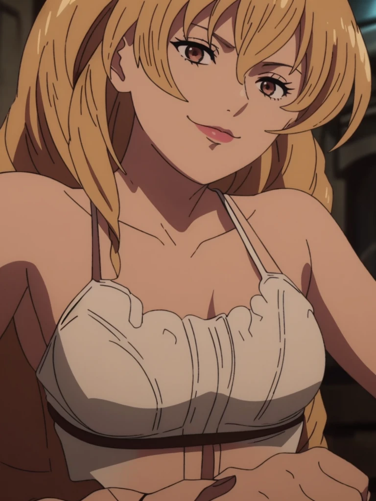 Best quality, masterpiece, ultra high res, 1girl, sexy, in the dark, deep shadow, low key, cold light, milf, blonde hair, dynamic light, cinematic lighting, cinematic lighting, down blouse, mature woman, middle parted hair, natural breast, upper body, milf, elinalise, simple smile, armpits visible, detailed armpits