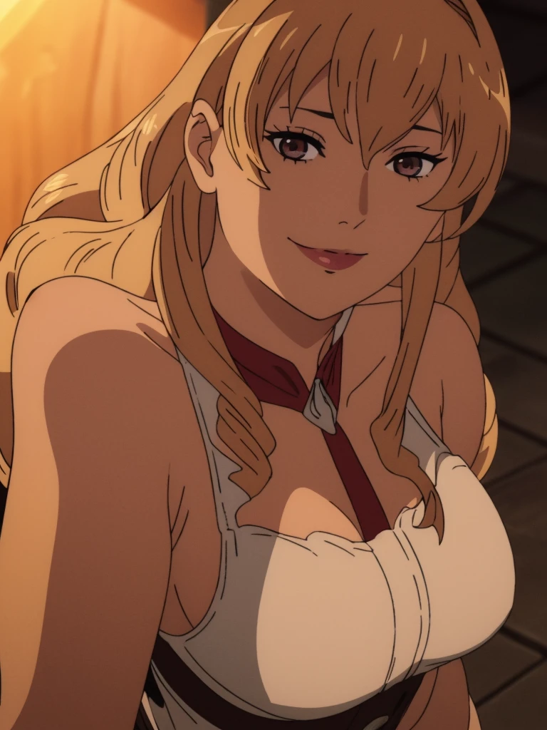 Best quality, masterpiece, ultra high res, 1girl, sexy, in the dark, deep shadow, low key, cold light, milf, blonde hair, dynamic light, cinematic lighting, cinematic lighting, down blouse, mature woman, middle parted hair, natural breast, upper body, milf, elinalise, simple smile, armpits visible, detailed armpits