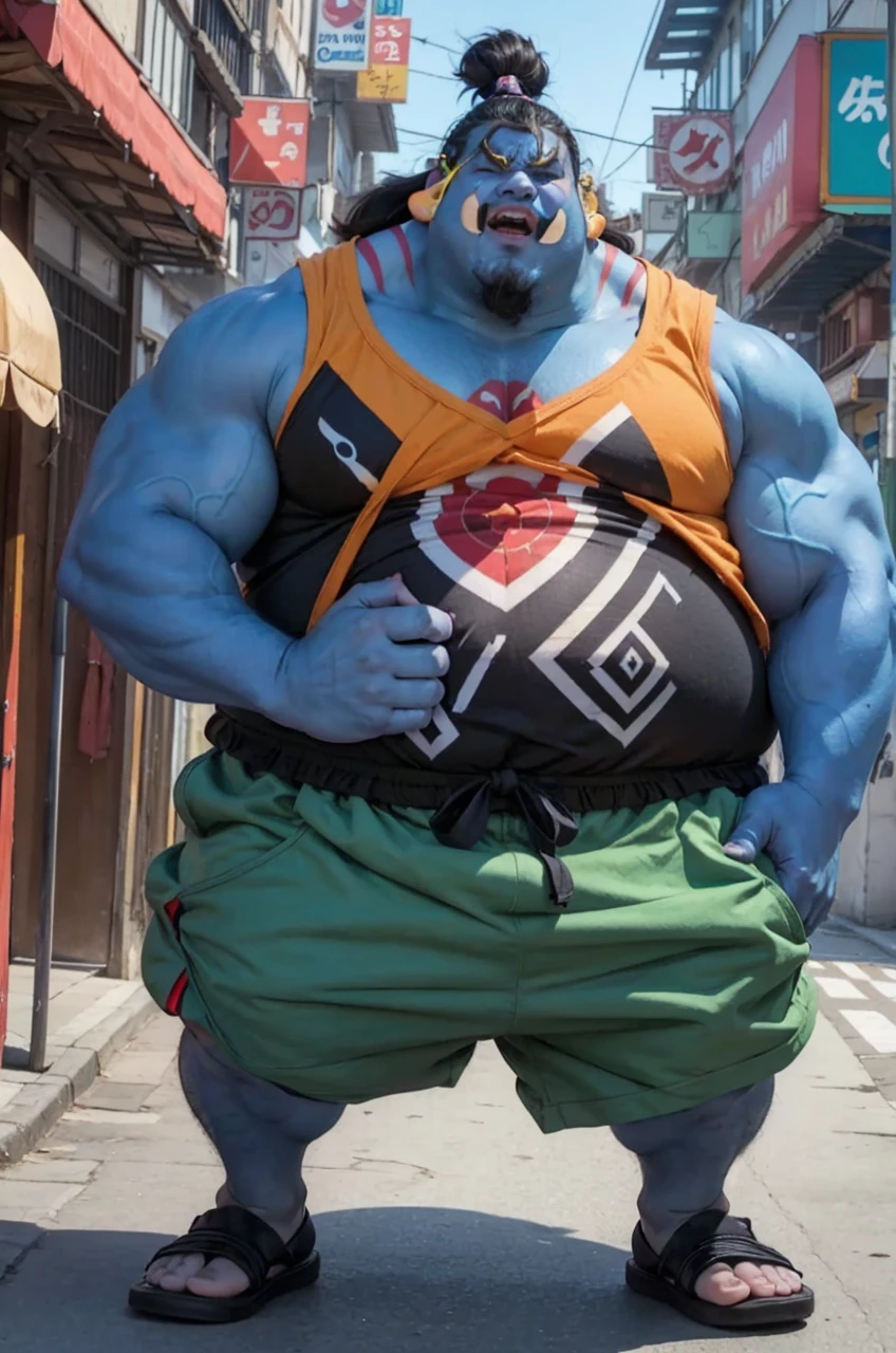 chubby man (jinbei) in street, blue skin, muscular, pectoral, wide pectoral, beach, palm, realistic, 8k, masterpiece, (wearing shorts and black tank top, ) bare foot showing his feet