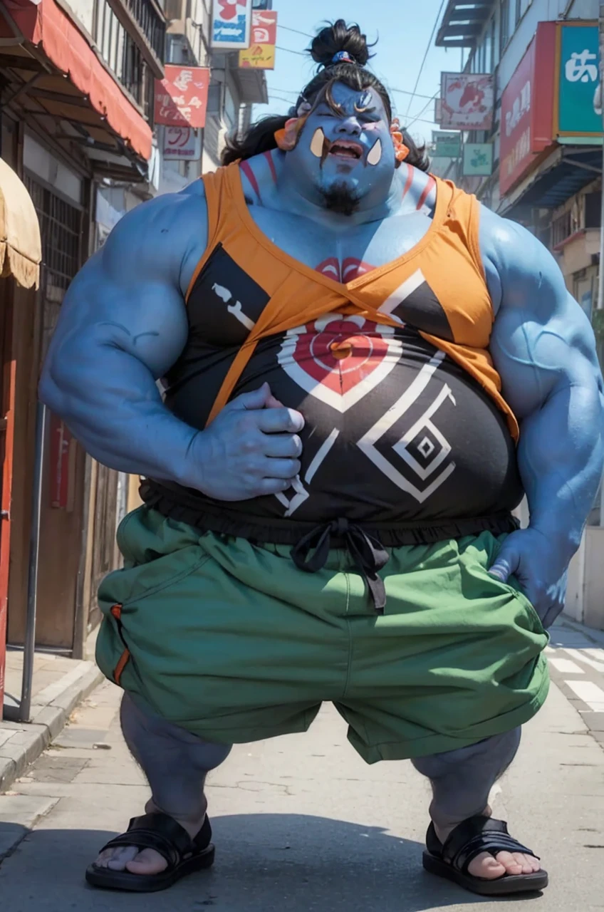 chubby man (jinbei) in street, blue skin, muscular, pectoral, wide pectoral, beach, palm, realistic, 8k, masterpiece, (wearing shorts and black tank top, ) bare foot showing his feet