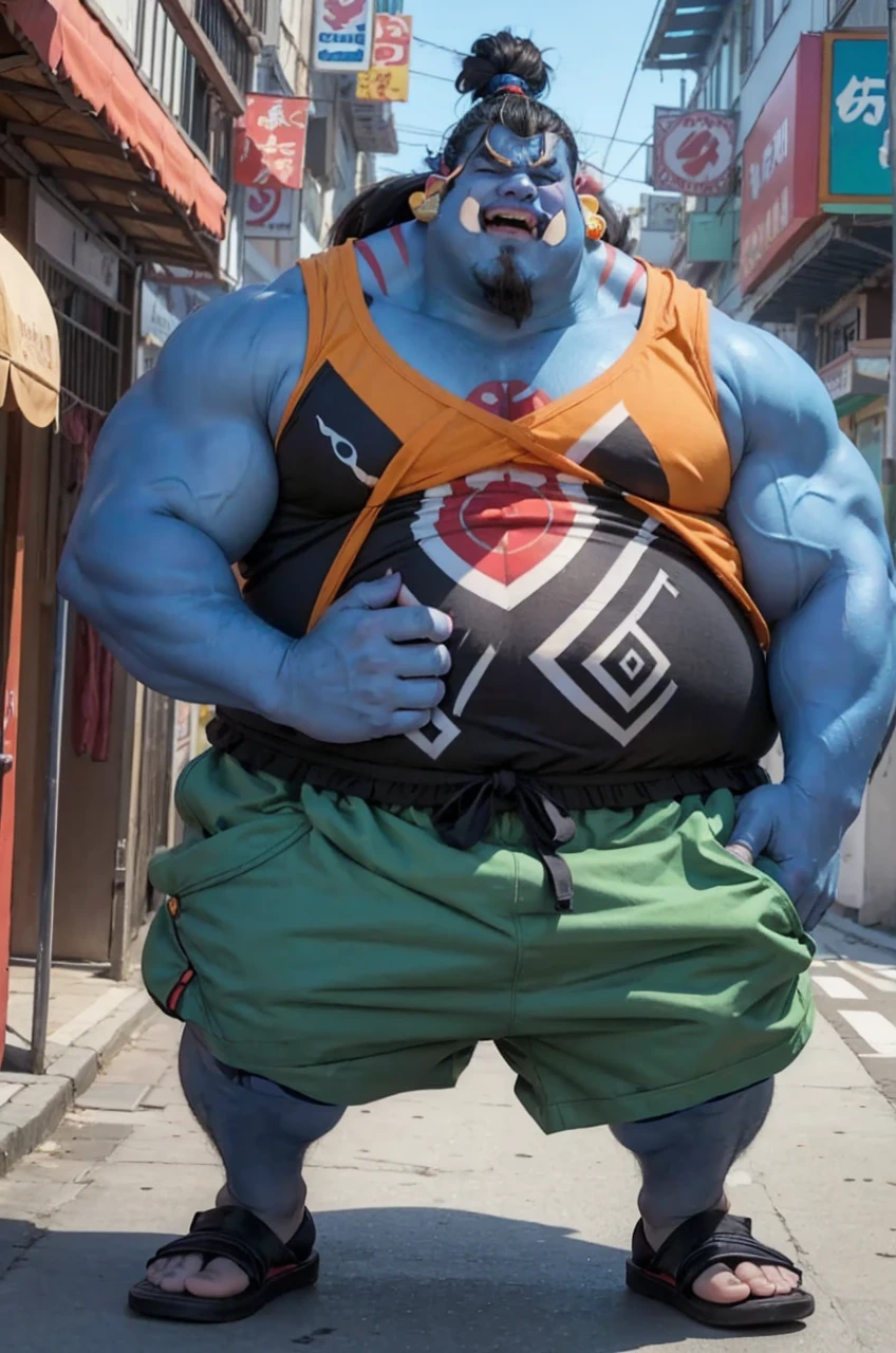 chubby man (jinbei) in street, blue skin, muscular, pectoral, wide pectoral, beach, palm, realistic, 8k, masterpiece, (wearing shorts and black tank top, ) bare foot showing his feet