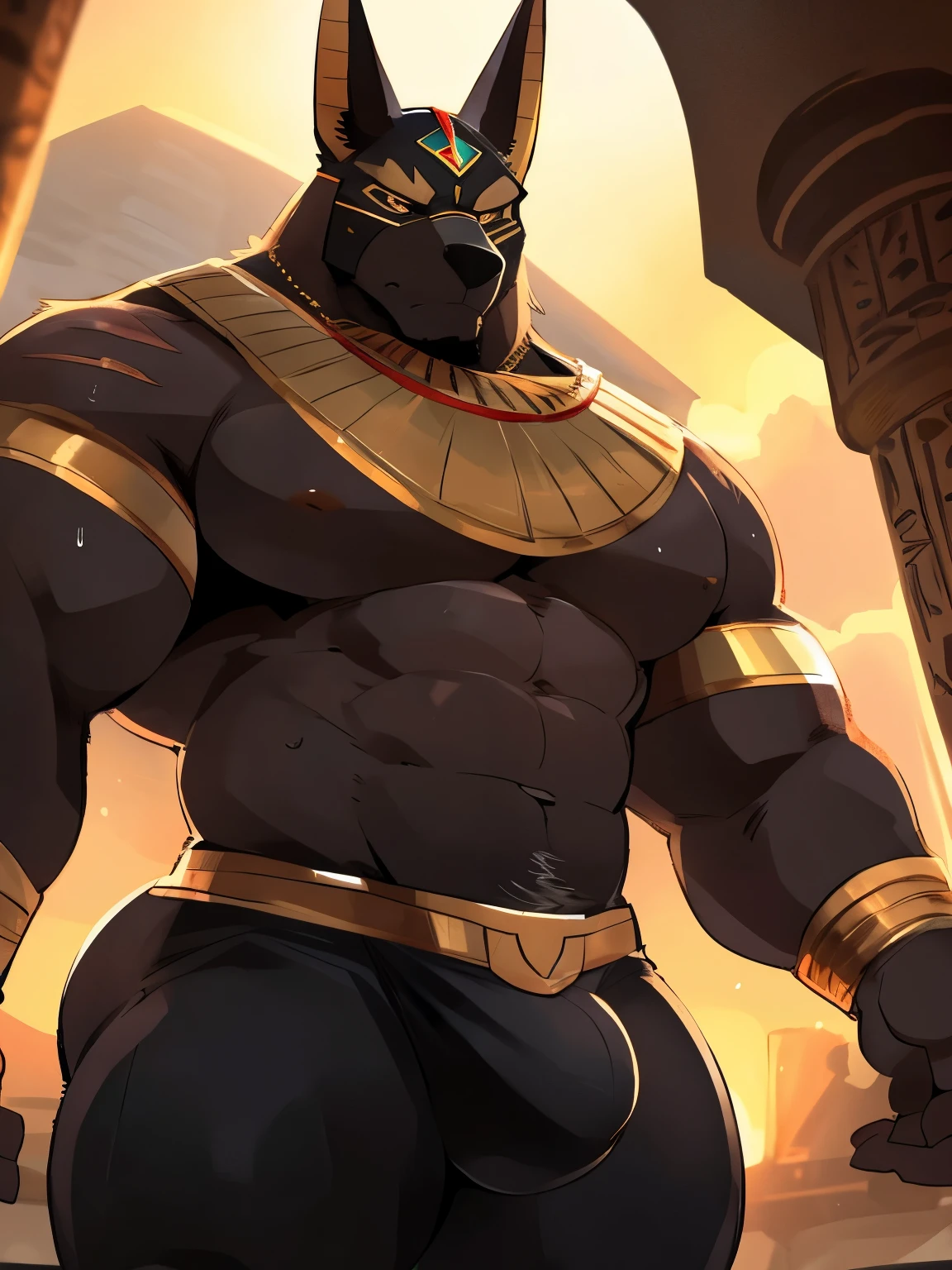 Muscular, male, furry, fluffy, Covered scars, bare chest, hot, (wet: 1.3), abs, wide body, egyptian jewelry, egyptian armor, Looking at viewers, thick beard , (bara pecs: 1.1), anthro jackal, anubis mask, black body, black furr chest, wide body, (big chest: 1.3) , thick thighs, wearing tights, (bulge: 1.1), barely visible genitals, detailed genitals outline , intimidating frown expression, gold nipples ring, dark dramatic lighting, sunset, low angle, dutch angle, by hyaku , by darkgem