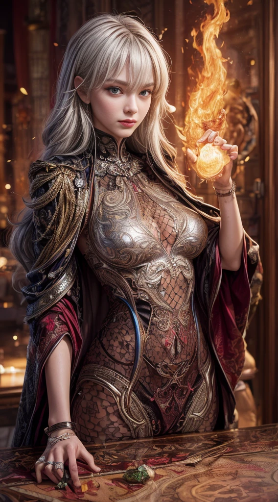 ((Ultra-thin illustration, 8K, Tabletop :1.2, Sharp focus :1.2, Depth of written boundary:1.2)), Beautiful Female Swordsman, Absurd, Highly detailed face and skin texture, Silver Hair, Jet Black Armor, Flame Armor, Cloak on Fire, Flaming Sword, Determination to overcome sadness, There is a sign of determination in your kind eyes , Strong Soul
