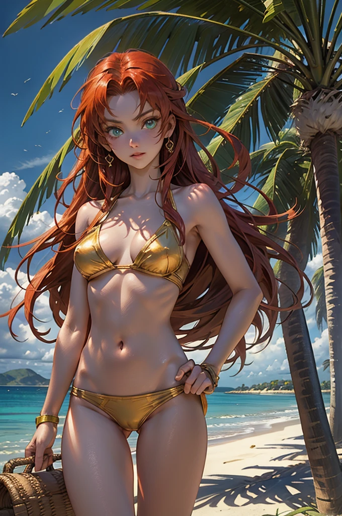 masterpiece, rich colors, Best quality, detailed, high resolution, Hyper quality, high detail, , high quality, detailing, skinny sexy girl on the beach , bright lighting , green eyes, Anime, palm trees, bright lighting, redhead,