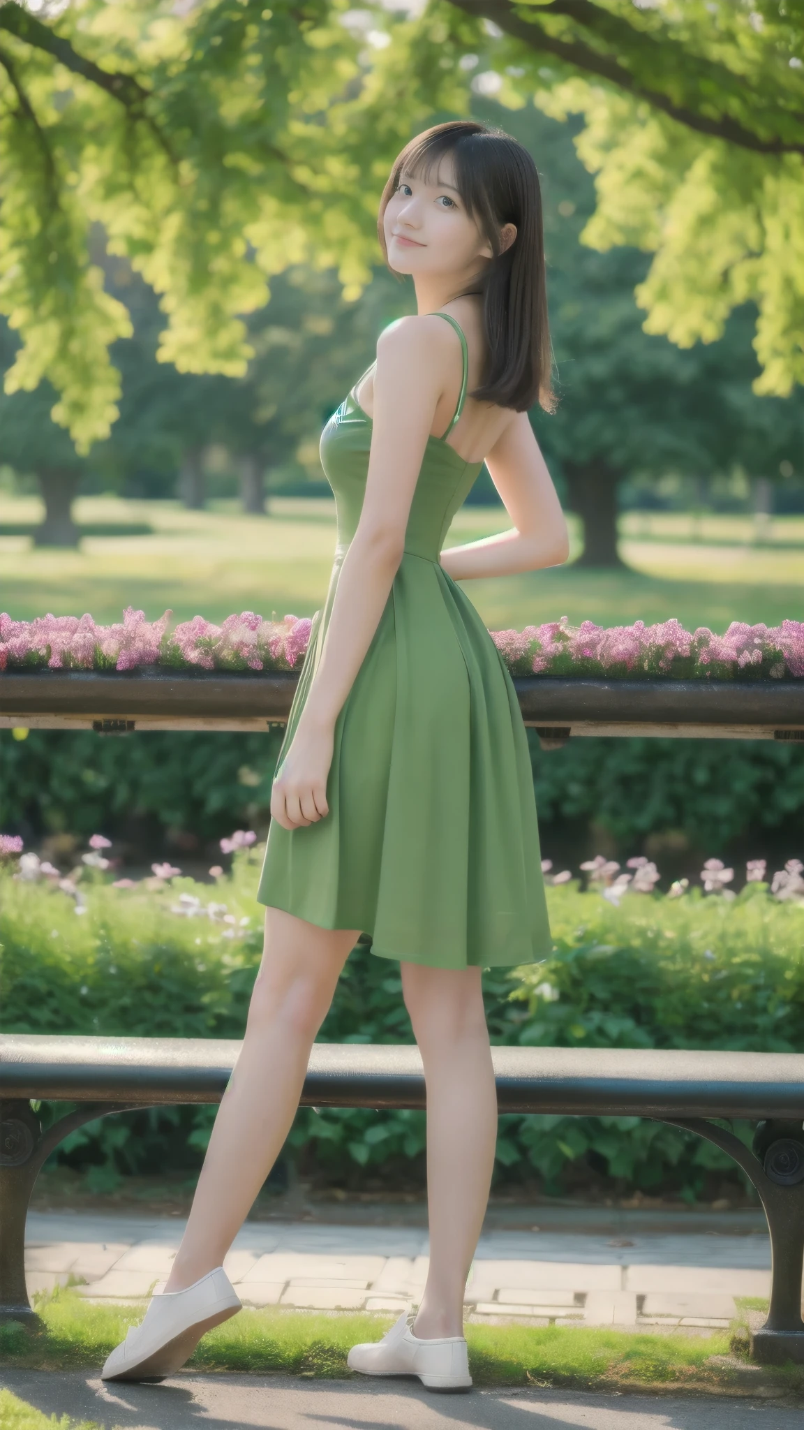 ((best quality)), ((masterpiece)), (detailed), 1girl, 18 year old, ((whole body)), from front, on a bench in a city park, various poses