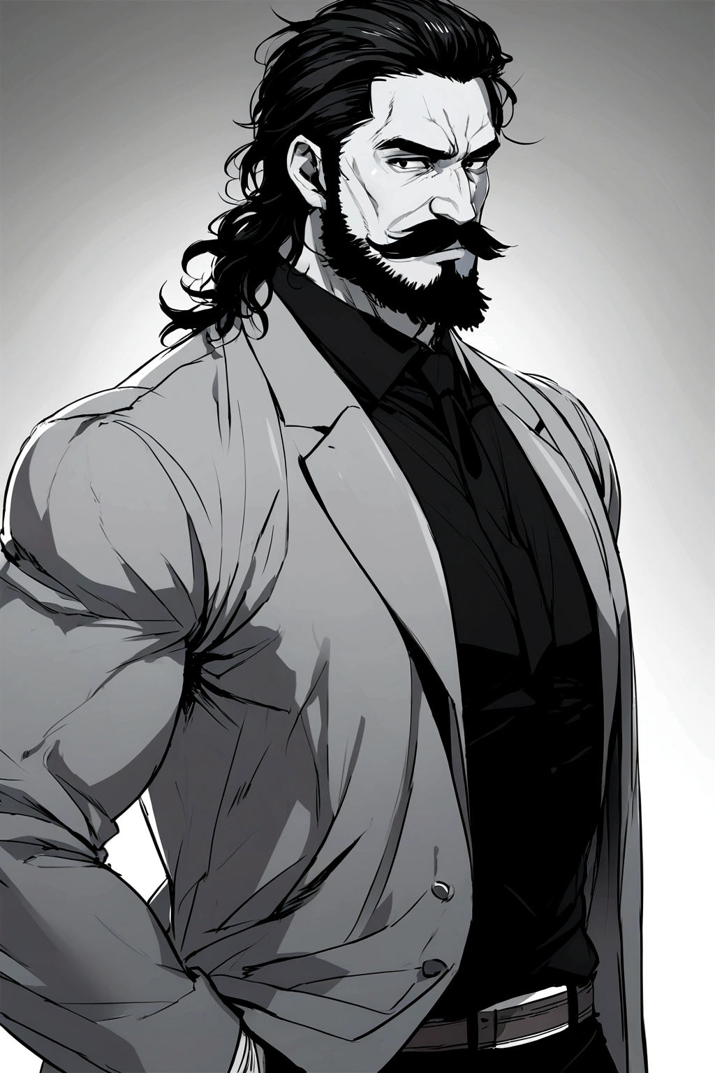 Muscular man in his mid 30s, having a messy wavy black medium hair, white skin, bearded, mustache