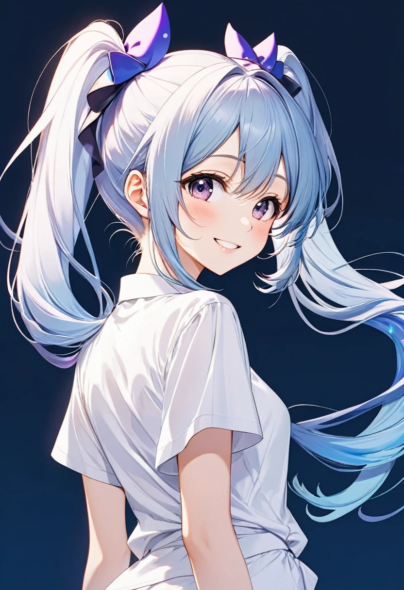      Cute light blue hair with light purple ends. An anime girl with double ponytails and long hair wearing a white fir shirt looking back and smiling. A happy and lively character standing on a simple abstract dark blue background, close-up.( perfect anatomy )

               Beautiful and extremely fine texture，detailed, bright, High-quality animation style presentation