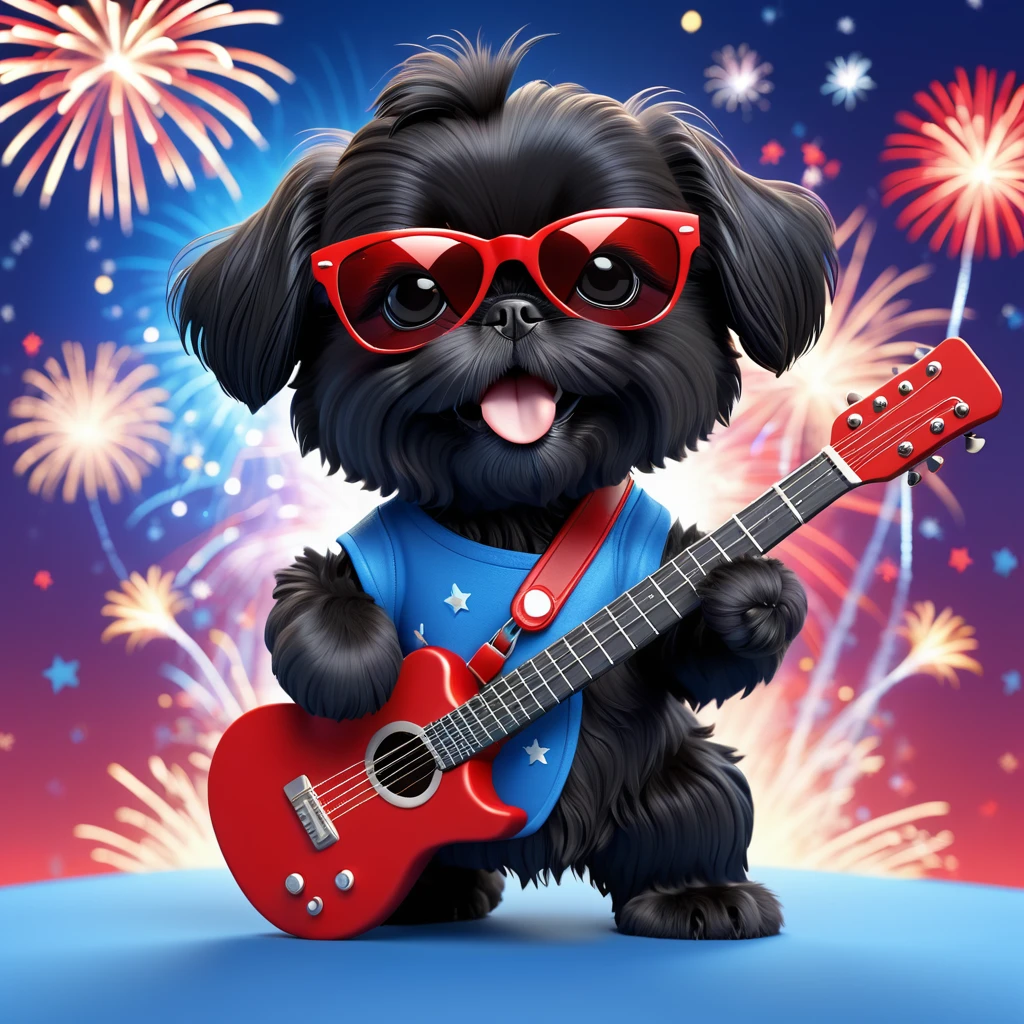 Adorable small black Shih Tzu puppy wearing red sunglasses red, playing guitar white and blue firework background 3d cartoon, 3d render, disney pixar style