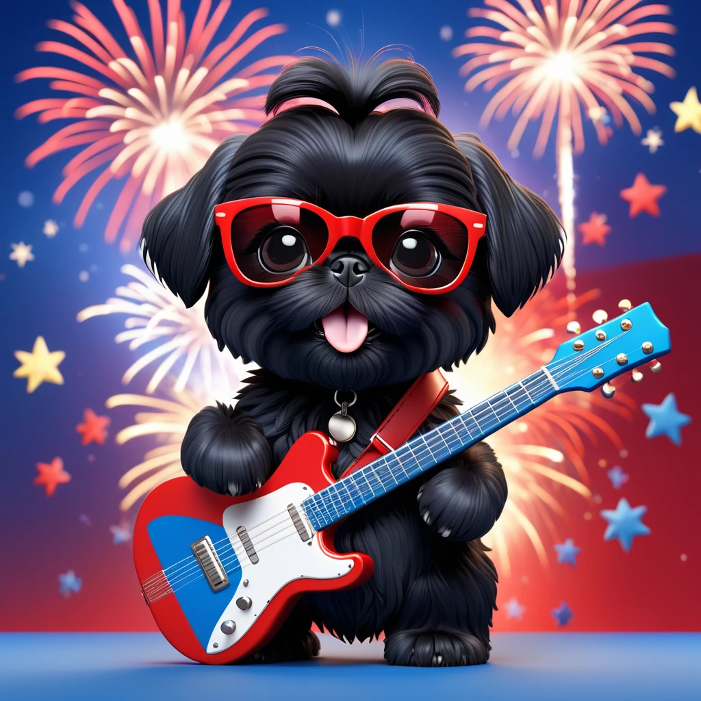 Adorable small black Shih Tzu puppy wearing red sunglasses red, playing guitar white and blue firework background 3d cartoon, 3d render, disney pixar style