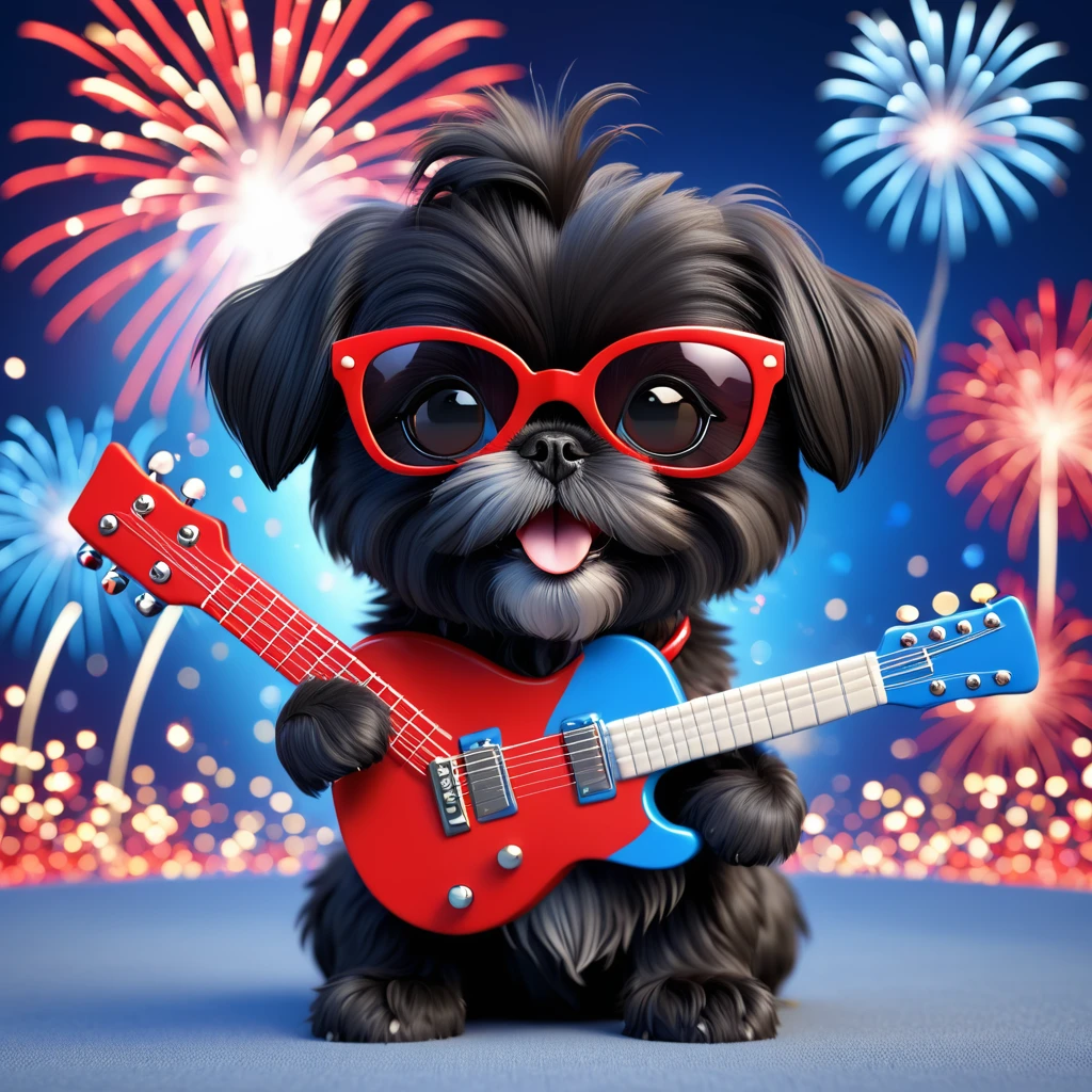 Adorable small black Shih Tzu puppy wearing red sunglasses red, playing guitar white and blue firework background 3d cartoon, 3d render, disney pixar style