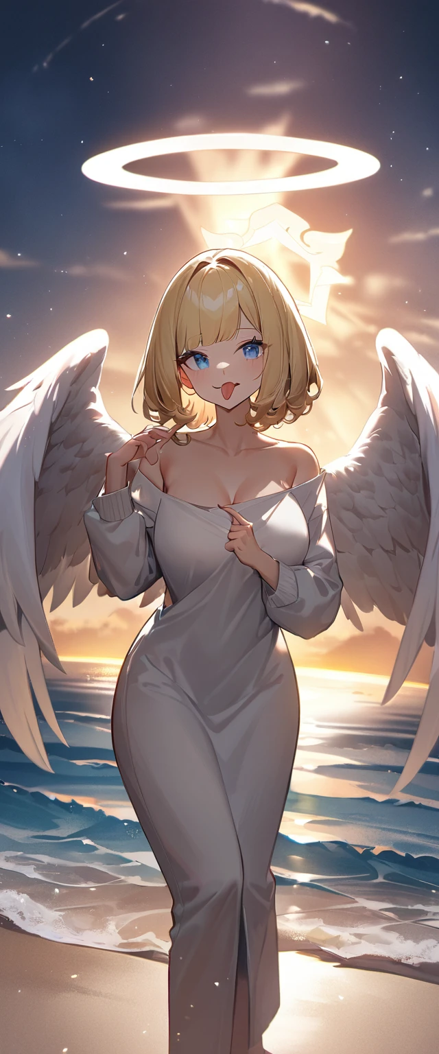 (((One girl))), full body, ((sunglasses, hand to sunglasses)), ((angel, big big white wings:1.2, halo:1.3)), Uriel, ((wavy hair, outward curled hair)), evening, Sunset, sea, beach, open mouth, ((stick out tongue)), ((blond hair, bob cut:1.3)), big breasts, teenager, (looking at viewer), oversized clothes, puffy long sleeves, collarbone, ((off-shoulder sweater dress:1.3, Quite thick shoulder straps)), (((sleeves past wrists:1.3))), ((white sweater)), collarbone, head tilt:1.3, (((blue eye))), ((happy smile)), (((anime style))), (best quality, 4K, 8K, highres, masterpiece:1.2, ultra-detailed, ultra-detailed eyes, HDR, uhd, studio lighting, ultra-fine painting, sharp focus, physically-based rendering, extreme detail description, professional, vivid colors, bokeh), ((Highest quality, Best image quality, Ultra-high resolution, Ultra-high resolution, solo, Strong eye highlights)), Depth of written boundary, Natural soft light, attractive, Beautiful Face, Cleanliness, Pure Face, medium chest, Beautiful Face, Perfect Fingers, Perfect hands, Perfect body, Perfect Face, Shine a light into your eyes, Perfect Anatomy
