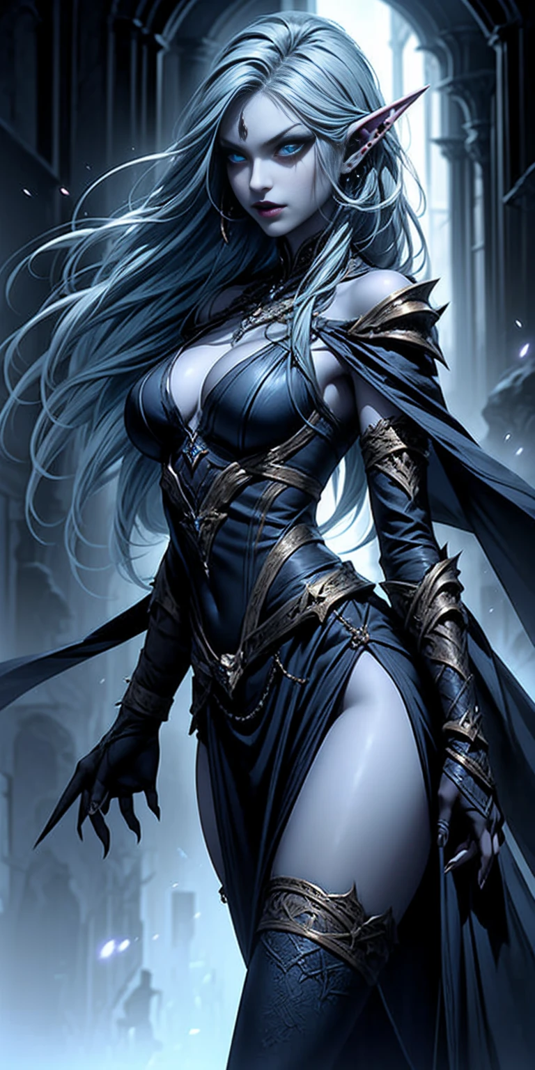 In a seamless blend of features, she possesses blue-azure skin, sharp elf-like ears, and a toned, athletic build. Her prominent fangs and piercing, icy-blue eyes add to her striking appearance. Dark blue hair cascades gracefully to her shoulders. Clad in fully enclosed attire, her outfit is predominantly azure with intricate brown accents and mystical engravings, evoking a medieval fantasy style. Broad, spiked pauldrons, reinforced gauntlets, and sturdy greaves complete her ensemble, highlighting a balance of elegance and otherworldly grace